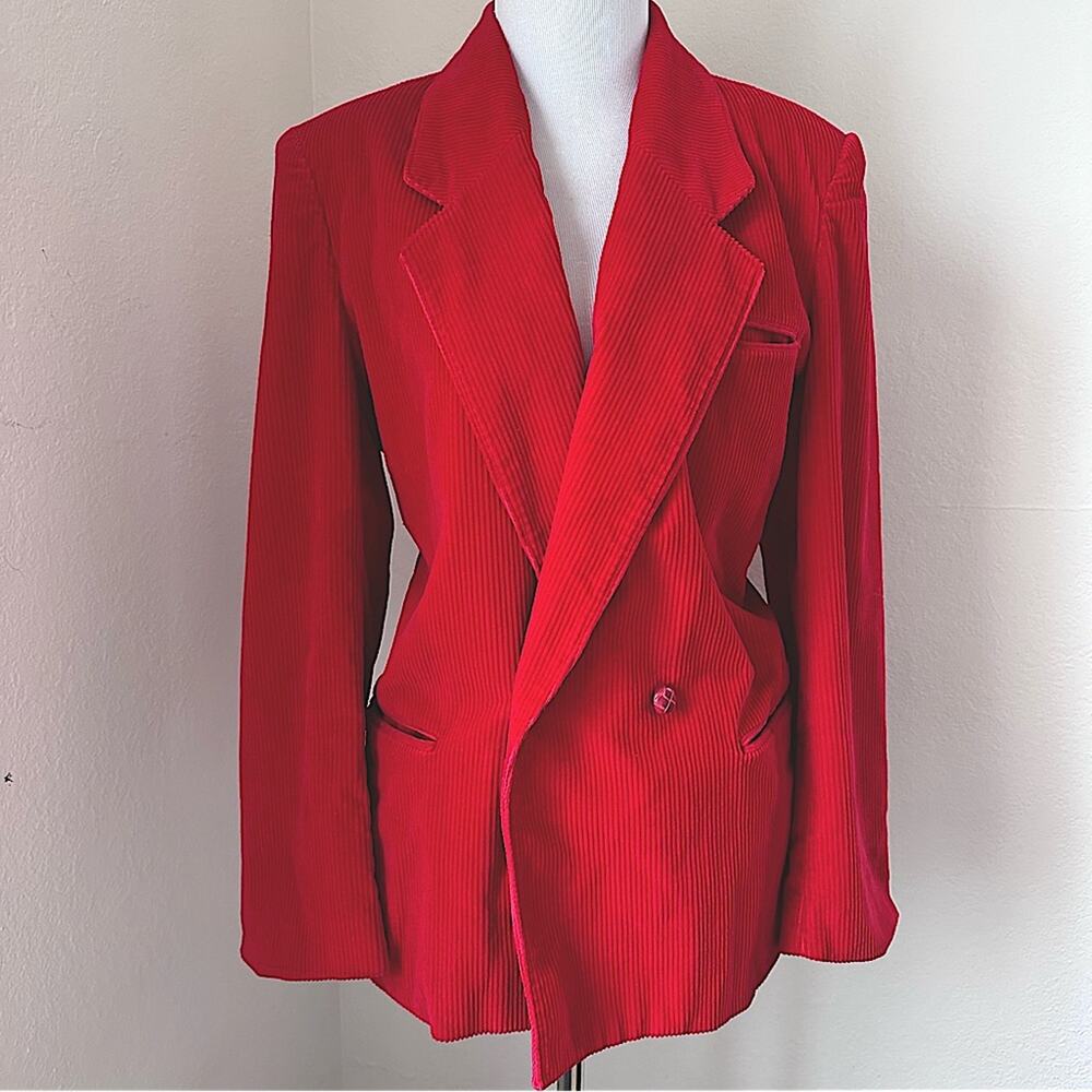 Y2K Red Corduroy Blazer Structured Jacket Front Pockets 90s Retro Office Size 14 - Picture 2 of 10